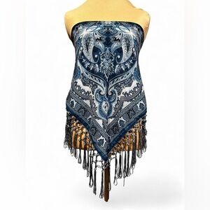 Vintage blue and white reversible bandana tube top with fringe
